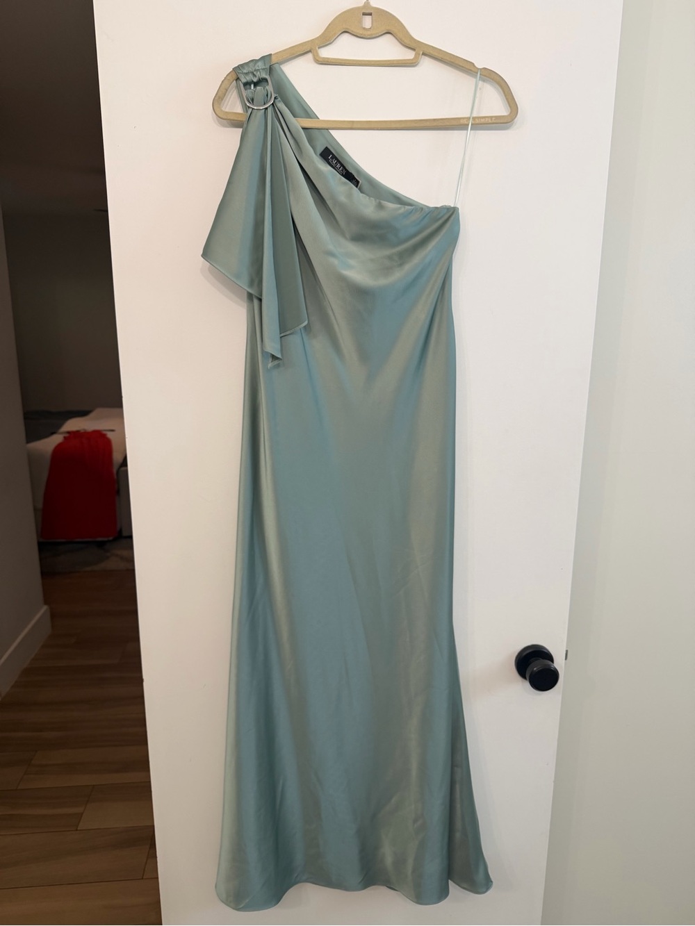 Lauren by Ralph Lauren One-Shoulder Satin Slip Dress in Sage Green